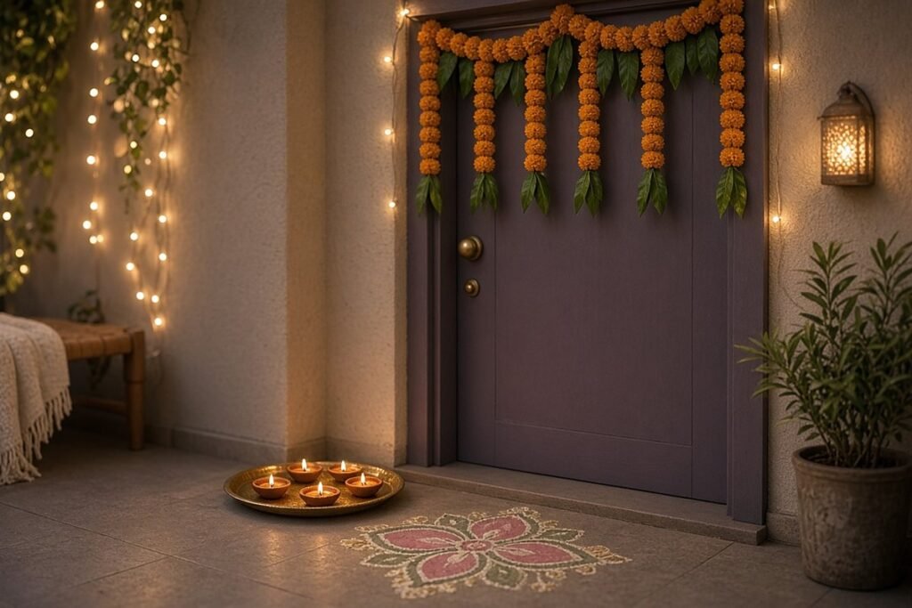 An entrance decorated for Diwali with a marigold toran, fairy lights, lit diyas on a brass tray and a rangoli