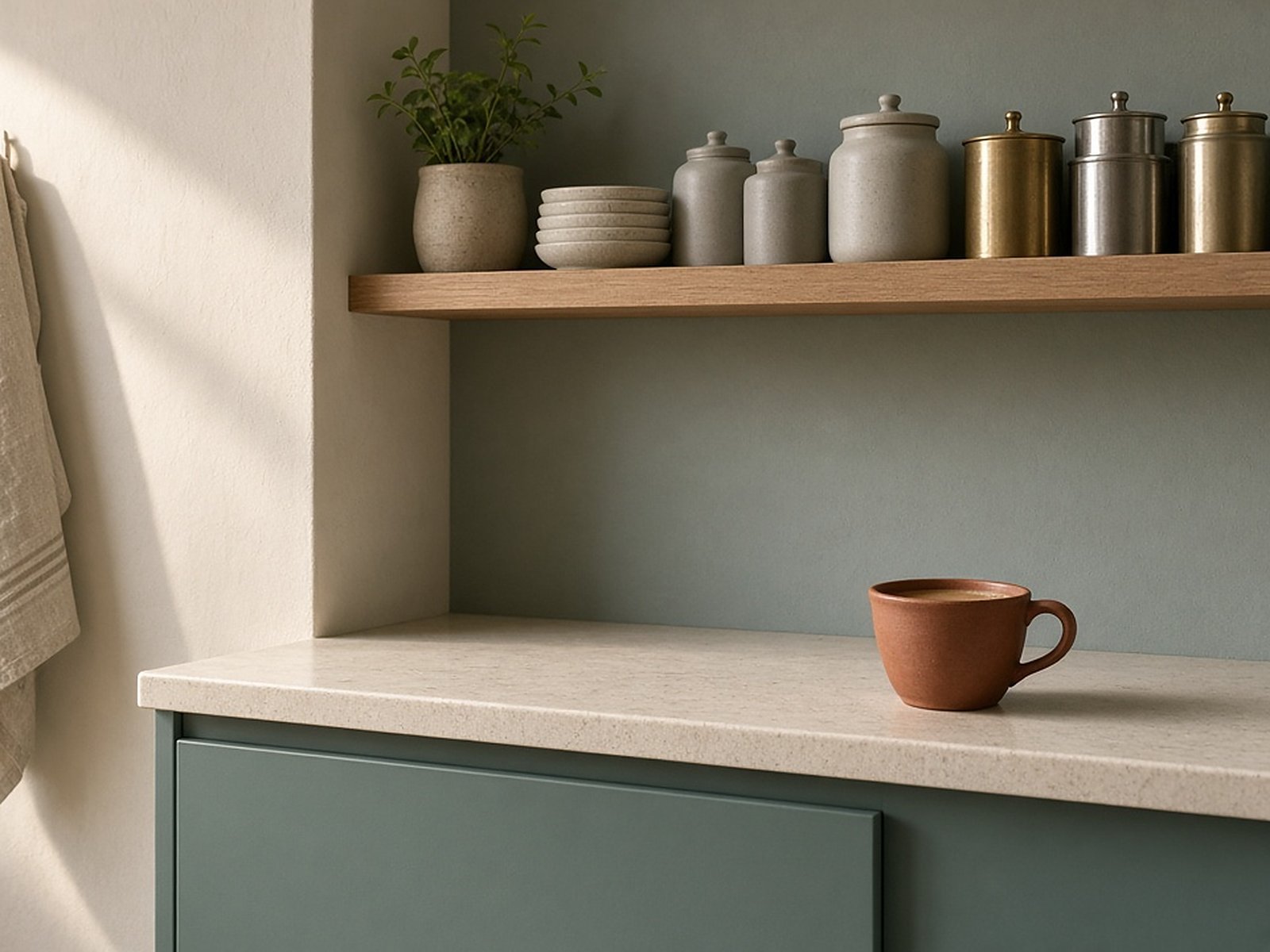 A calm, sunlit kitchen corner with ceramic and brass jars on a wooden shelf and a cup of chai on the counter